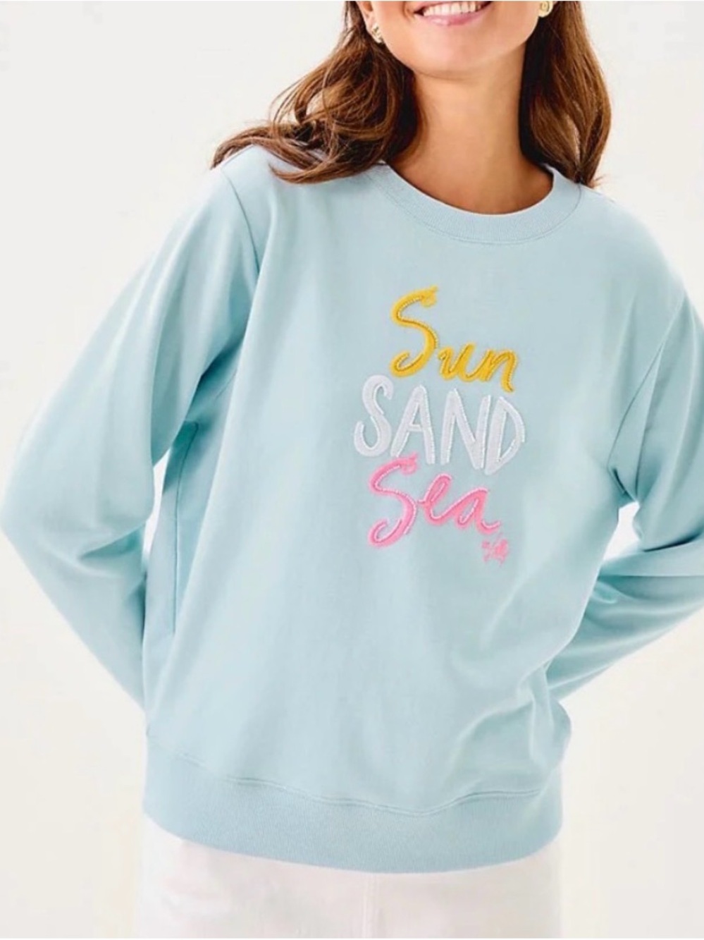 Lilly Pulitzer BALLAD LONG SLEEVE SWEATSHIRT, BLUETTE SUN SAND SEA EMBROIDERY